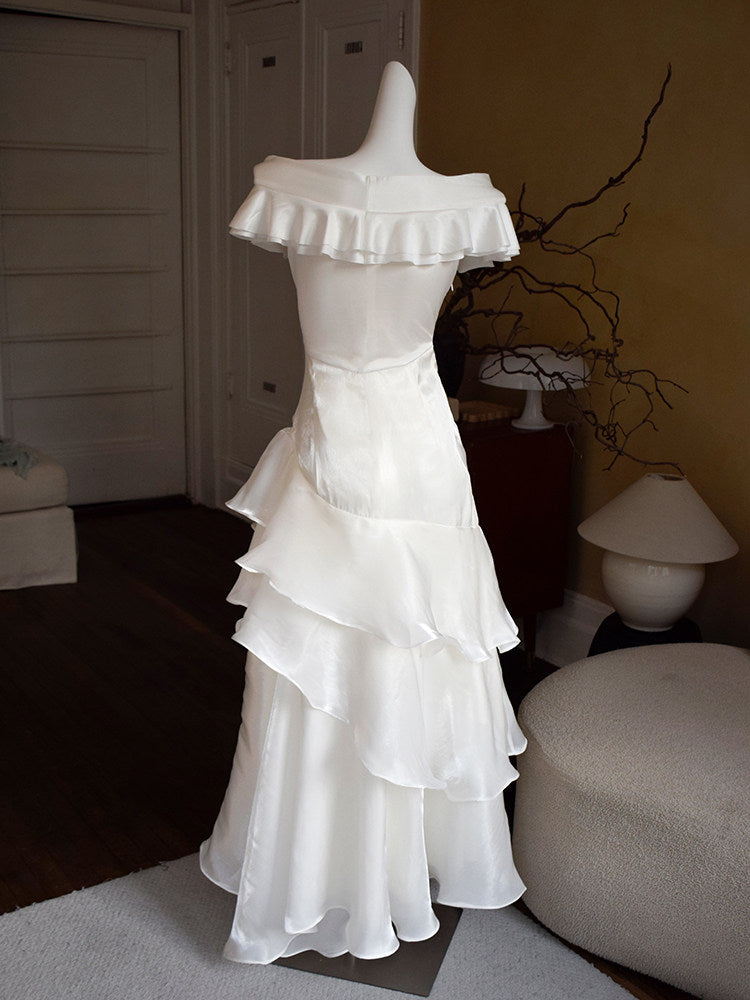 Off The Shoulder Off White Retro Prom Dress  Ruffle Layered Evening Dress  P421