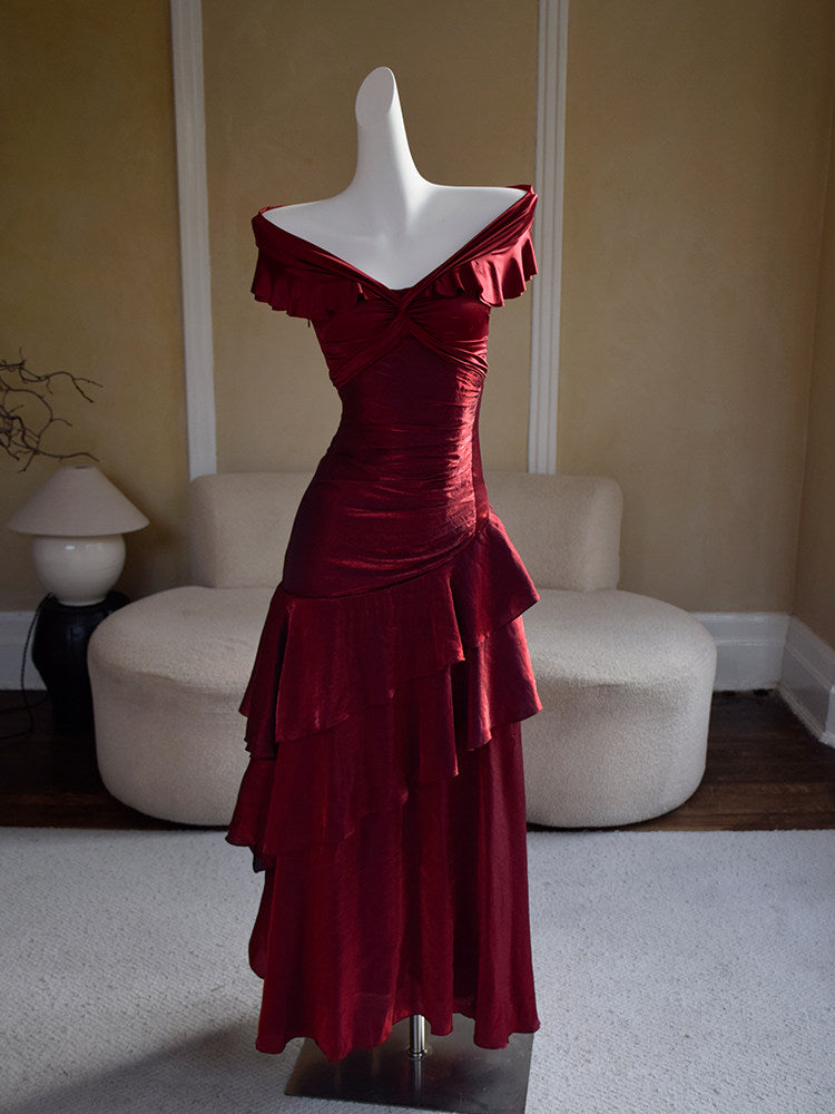 Off The Shoulder Burgundy Retro Prom Dress  Ruffle Layered Evening Dress  P420