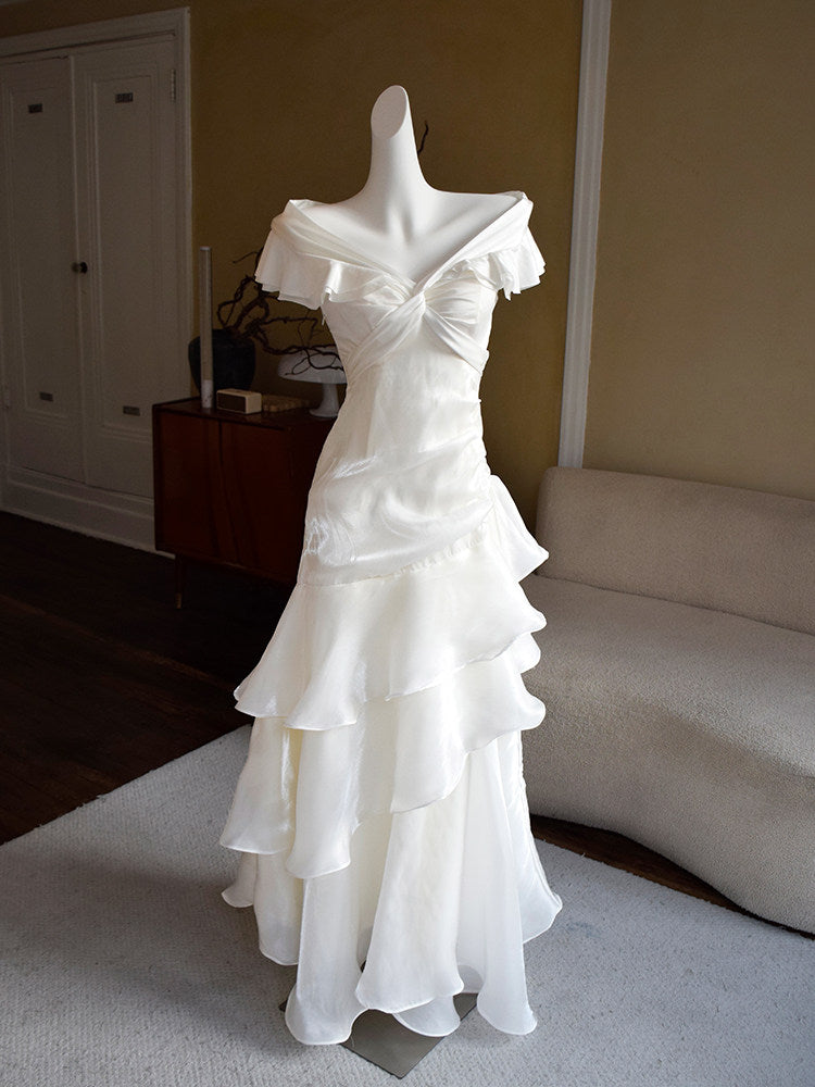 Off The Shoulder Off White Retro Prom Dress  Ruffle Layered Evening Dress  P421