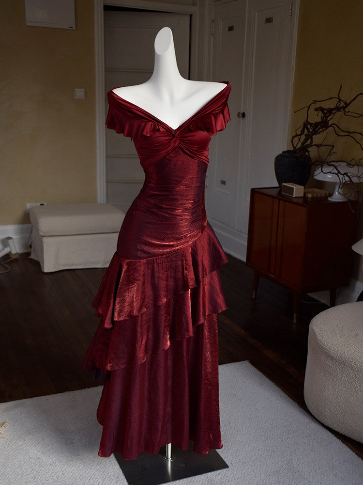 Off The Shoulder Burgundy Retro Prom Dress  Ruffle Layered Evening Dress  P420