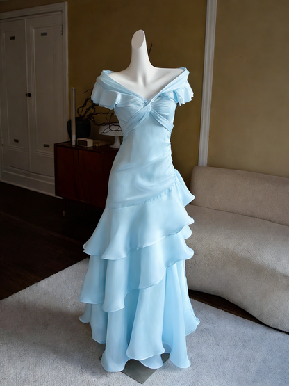 Off The Shoulder Off White Retro Prom Dress  Ruffle Layered Evening Dress  P421