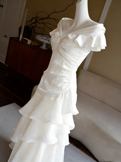 Off The Shoulder Off White Retro Prom Dress  Ruffle Layered Evening Dress  P421