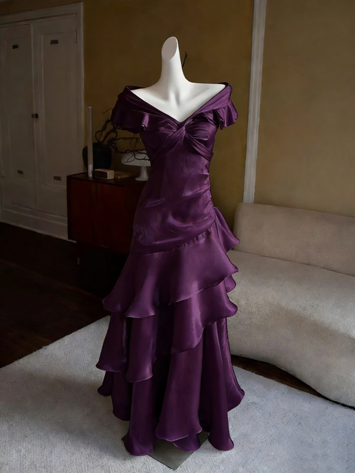 Off The Shoulder Off White Retro Prom Dress  Ruffle Layered Evening Dress  P421