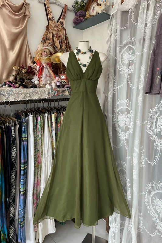 Emerald Green A Line Chiffon Formal Dress V Neck Wedding Guest Dress  P423