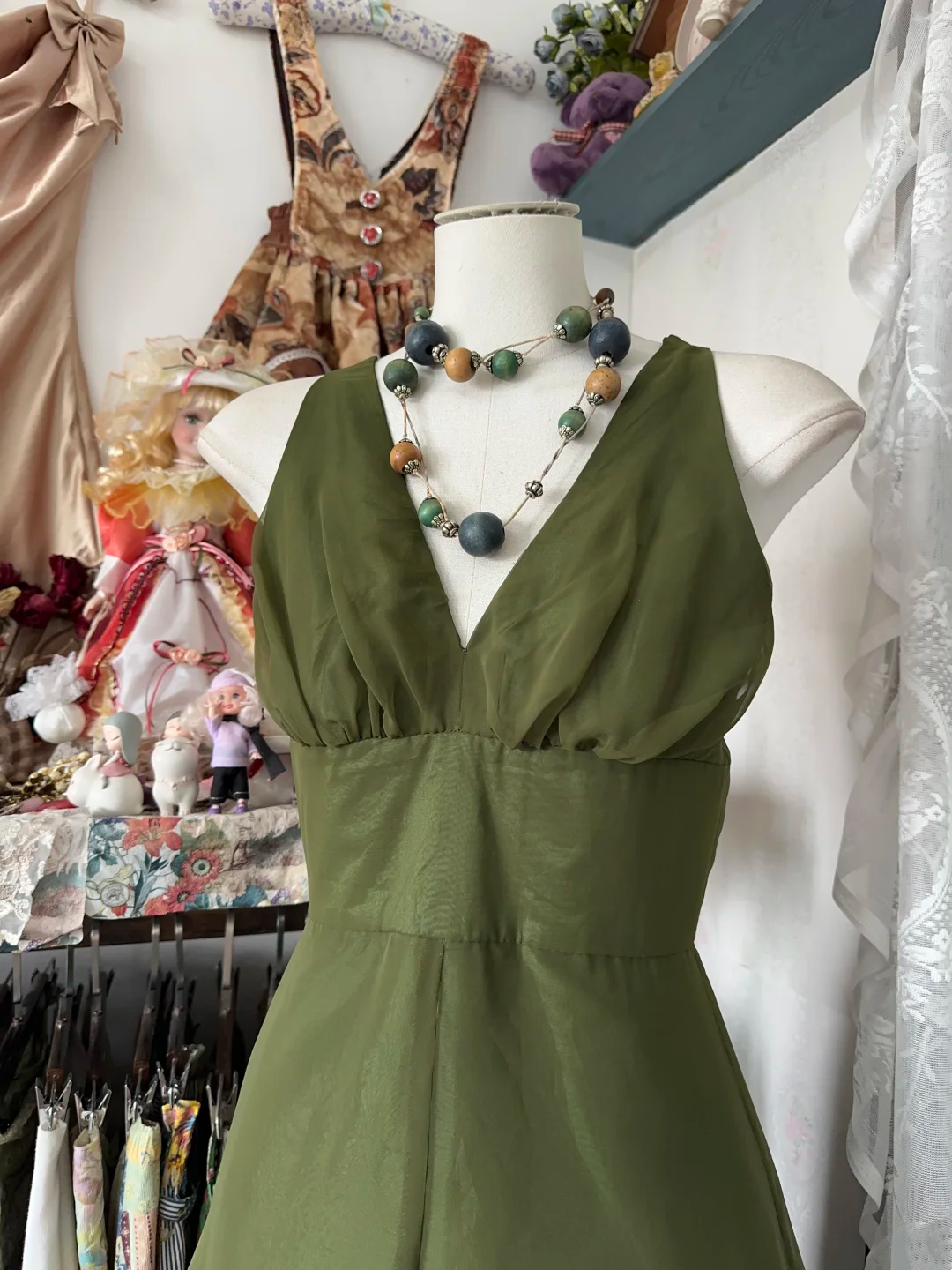 Emerald Green A Line Chiffon Formal Dress V Neck Wedding Guest Dress  P423