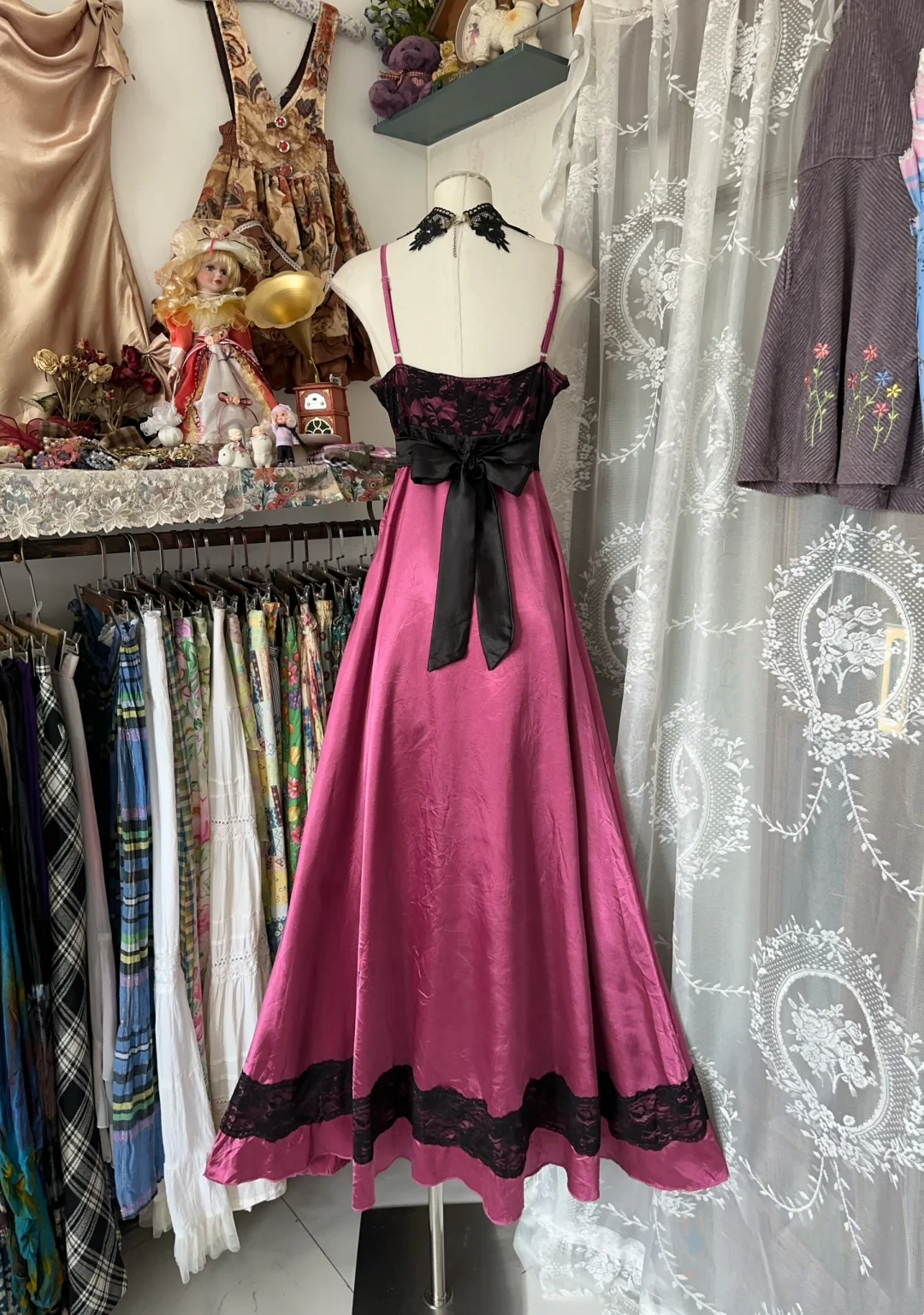 Spaghetti Straps Pink A Line Prom Dress With Black Bow  P424