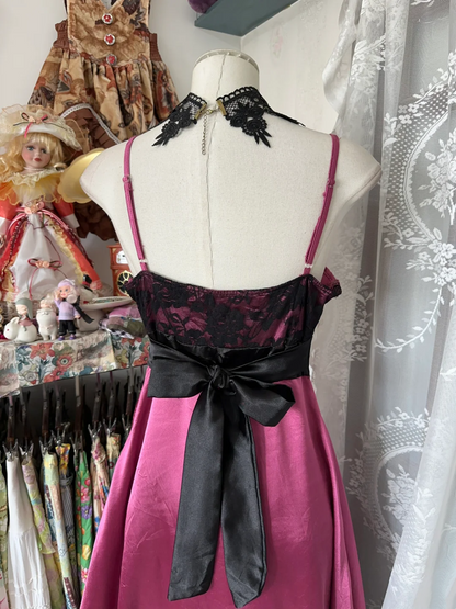 Spaghetti Straps Pink A Line Prom Dress With Black Bow  P424