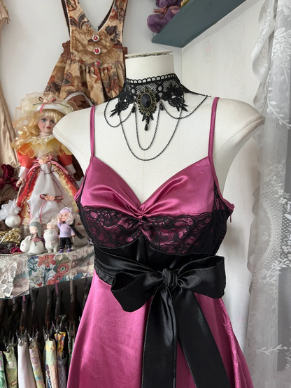 Spaghetti Straps Pink A Line Prom Dress With Black Bow  P424