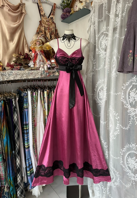 Spaghetti Straps Pink A Line Prom Dress With Black Bow  P424