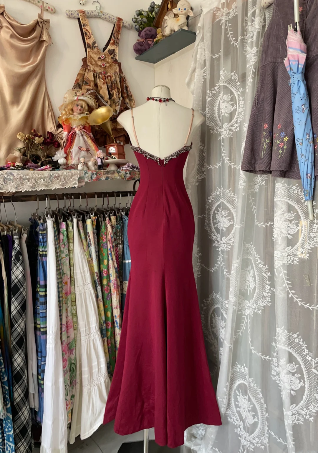 Burgundy Mermaid Lace Prom Dress Formal Evening Dress  P425