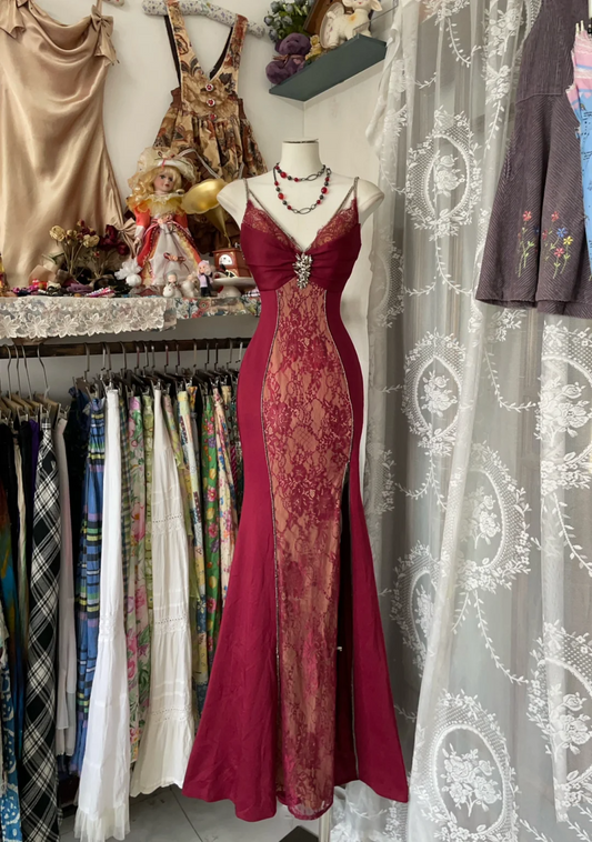 Burgundy Mermaid Lace Prom Dress Formal Evening Dress  P425