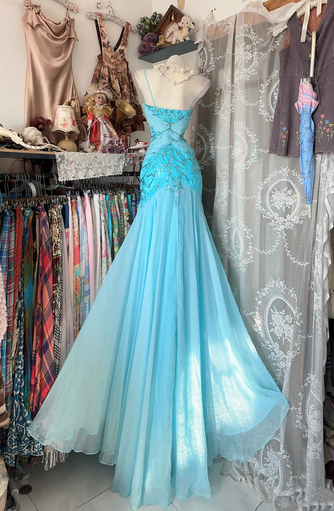 Sweetheart Blue Mermaid Prom Dress Beaded Formal Party Dress  P426