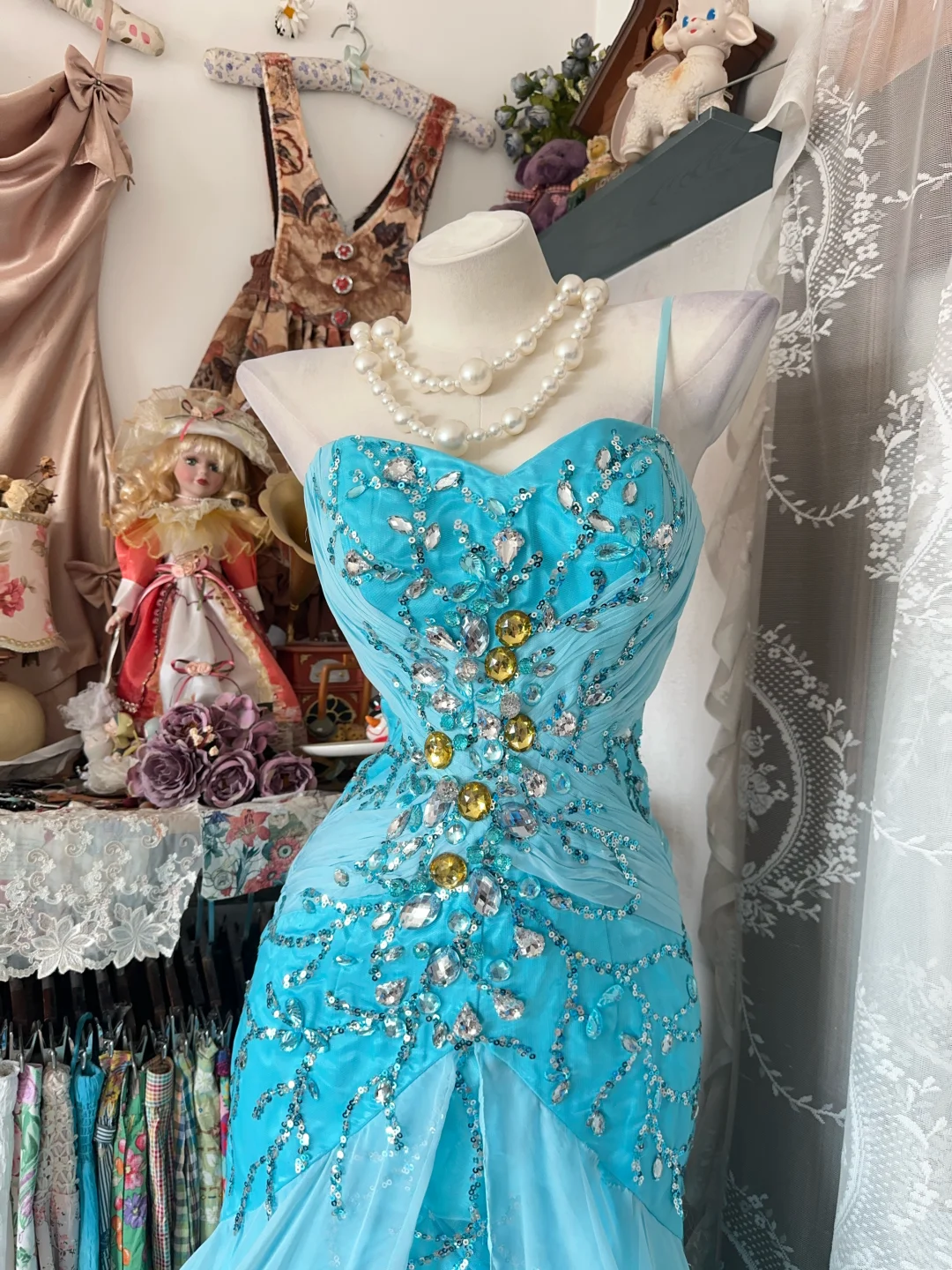 Sweetheart Blue Mermaid Prom Dress Beaded Formal Party Dress  P426