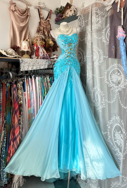 Sweetheart Blue Mermaid Prom Dress Beaded Formal Party Dress  P426