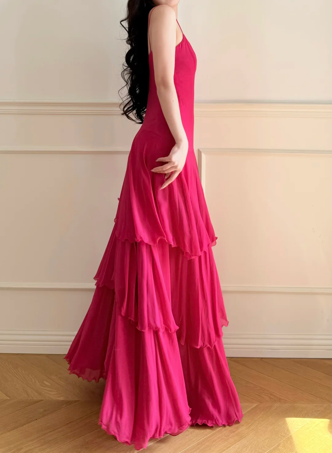 Spaghetti Straps Pink Layered Chiffon Prom Dress Ruffled Wedding Guest Dress  P427