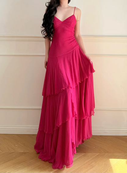 Spaghetti Straps Pink Layered Chiffon Prom Dress Ruffled Wedding Guest Dress  P427