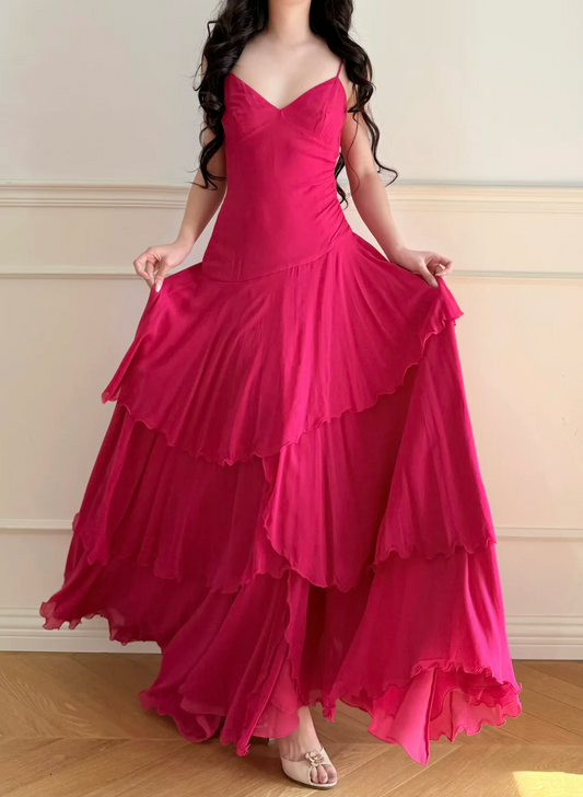 Spaghetti Straps Pink Layered Chiffon Prom Dress Ruffled Wedding Guest Dress  P427