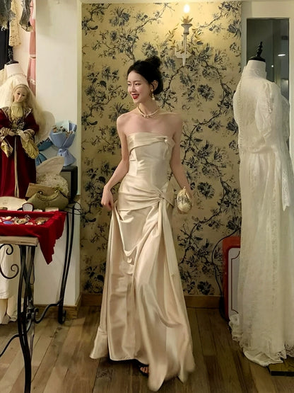 Strapless Satin Prom Dress Champagne Formal Dress Evening Gown P429
