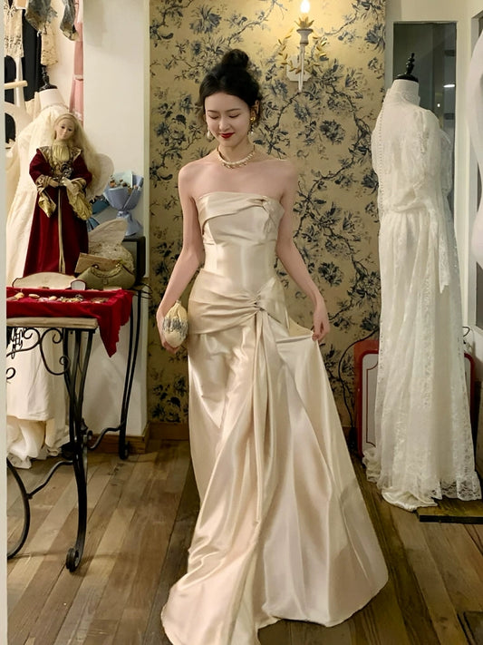 Strapless Satin Prom Dress Champagne Formal Dress Evening Gown P429
