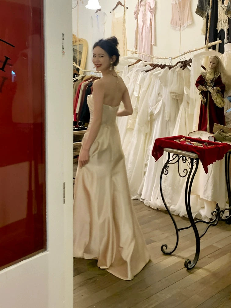 Strapless Satin Prom Dress Champagne Formal Dress Evening Gown P429