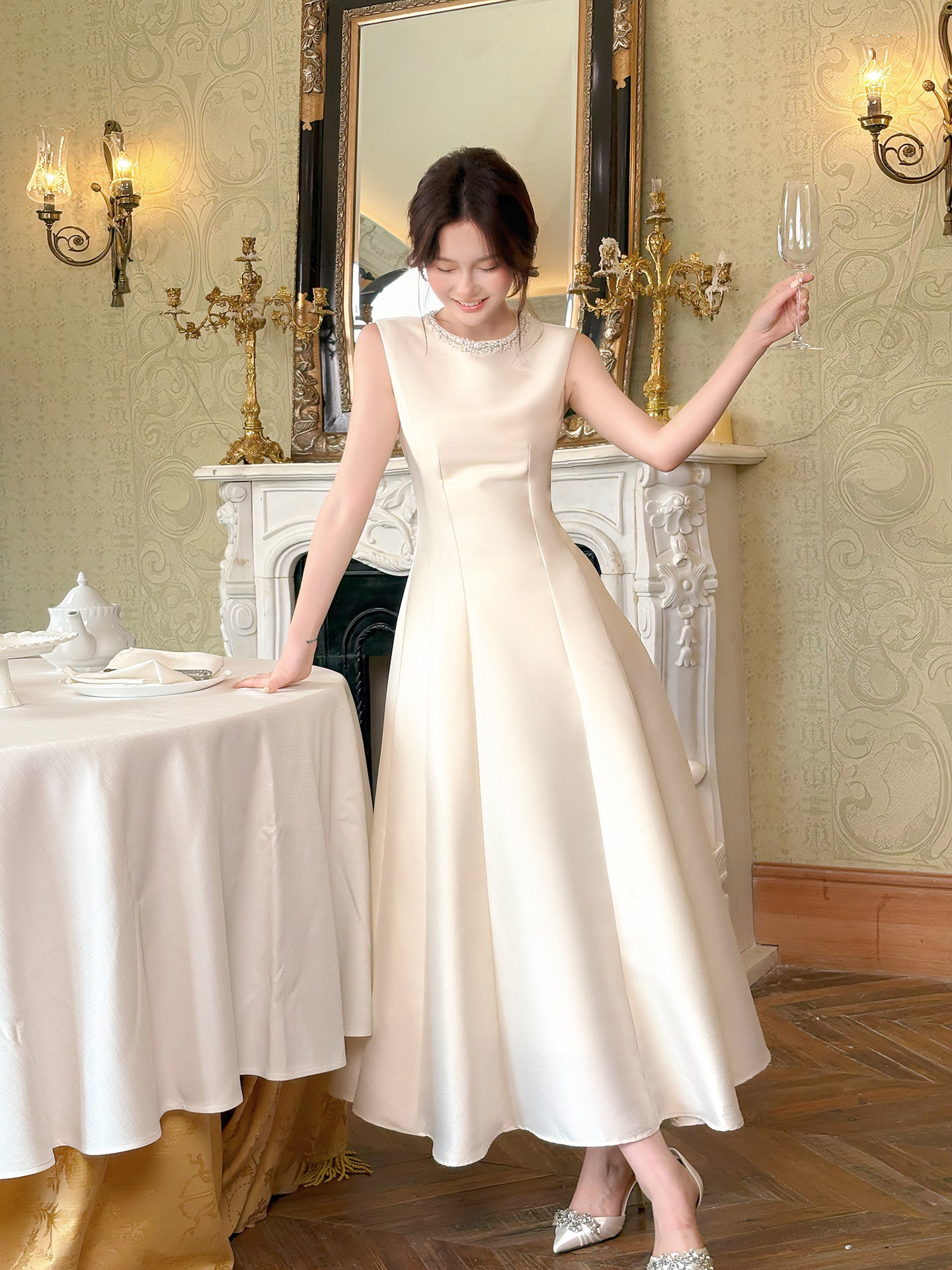 Beaded  Round Neck Satin Birthday Dress  Evening Dress P43