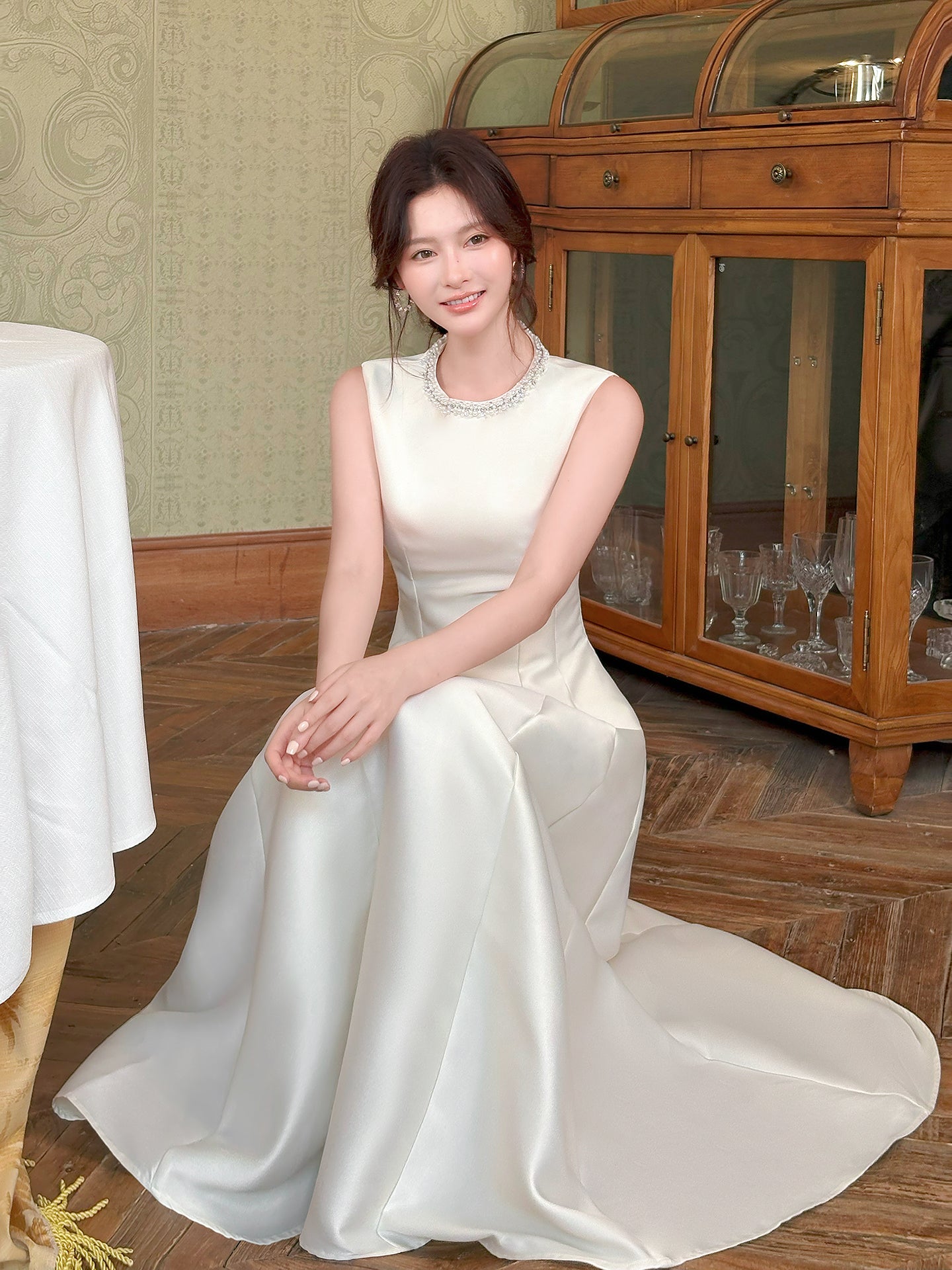 Beaded  Round Neck Satin Birthday Dress  Evening Dress P43