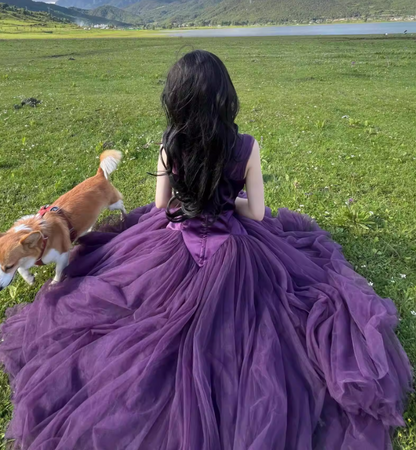 Off The Shoulder Tulle Prom Dress Purple Formal Gown Princess Birthday Dress P430
