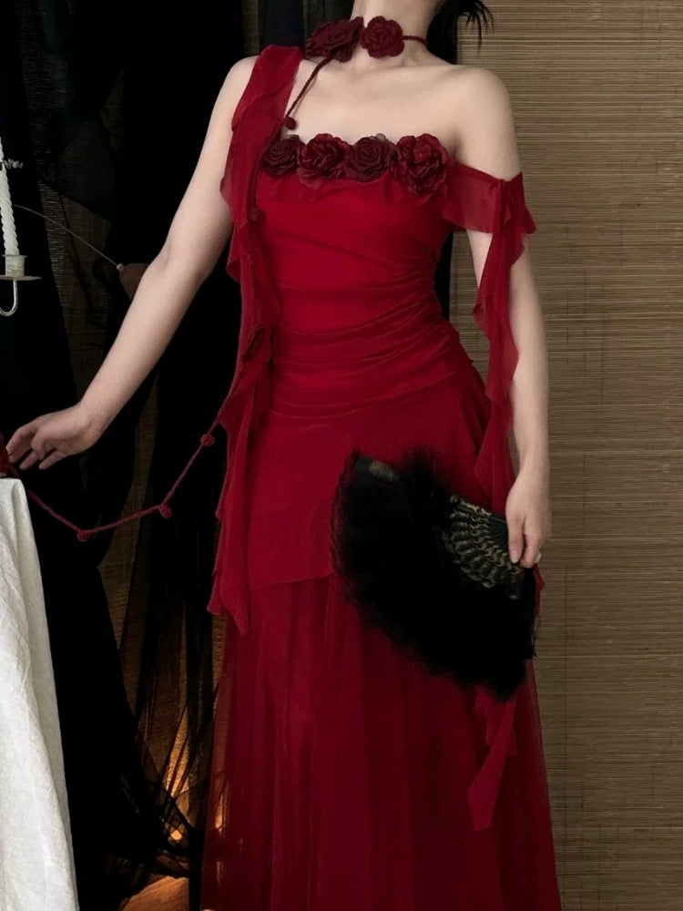 Burgundy Chiffon Ruffle Evening Dress With Flowers Retro Birthday Dress P431