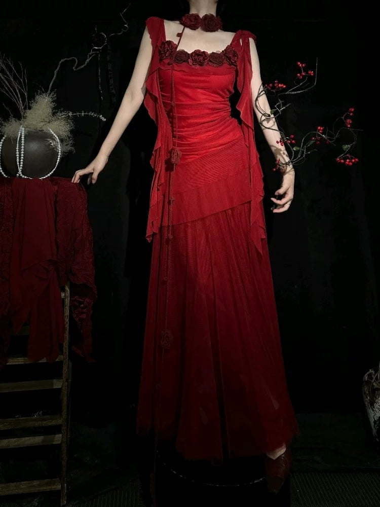 Burgundy Chiffon Ruffle Evening Dress With Flowers Retro Birthday Dress P431