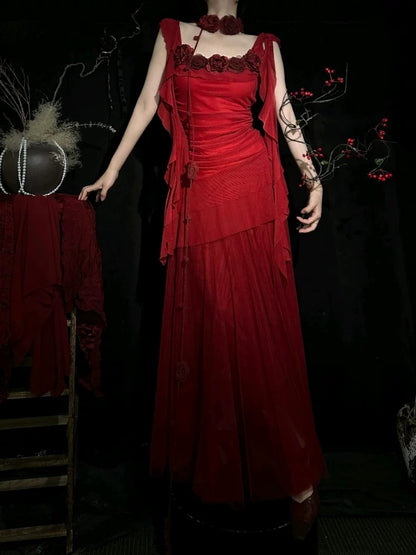 Burgundy Chiffon Ruffle Evening Dress With Flowers Retro Birthday Dress P431