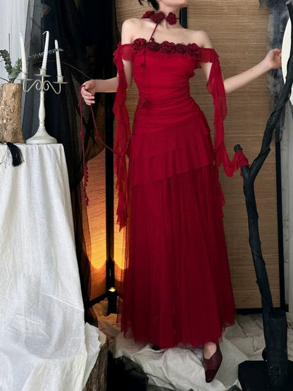 Burgundy Chiffon Ruffle Evening Dress With Flowers Retro Birthday Dress P431