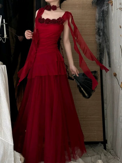Burgundy Chiffon Ruffle Evening Dress With Flowers Retro Birthday Dress P431