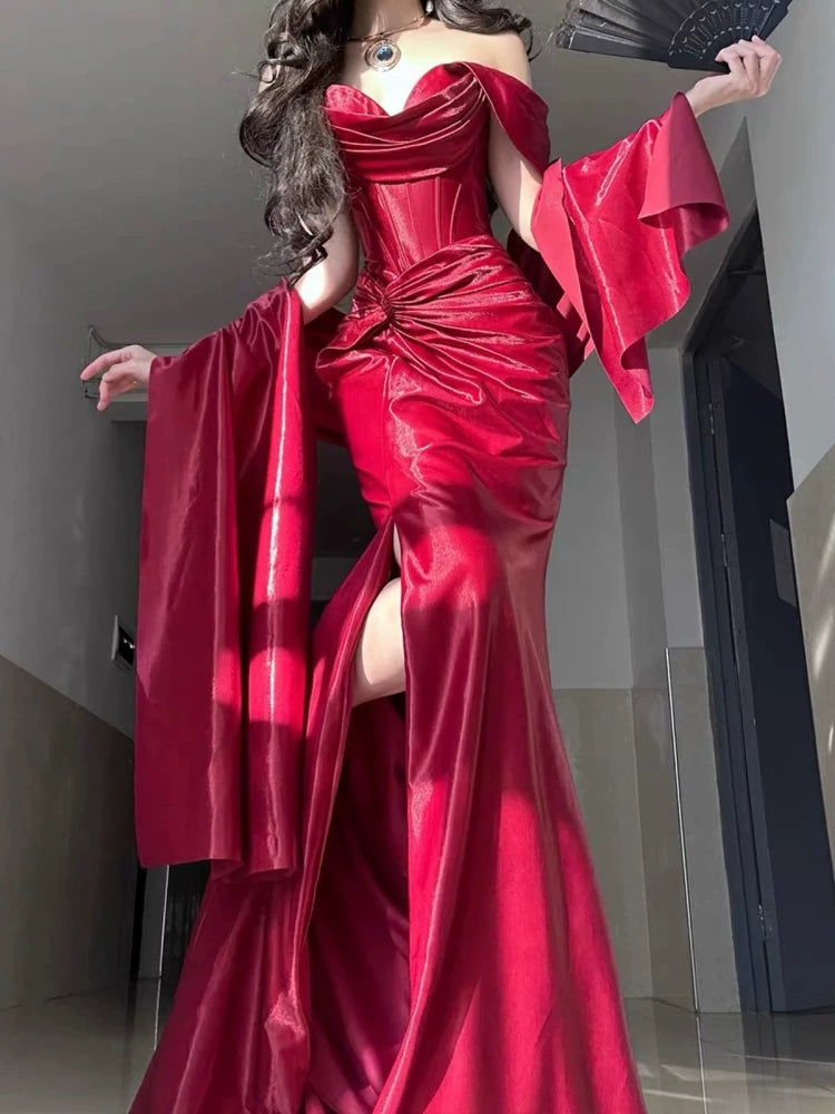 Off The Shoulder Burgundy Prom Dress With Slit Formal Evening Dress P432