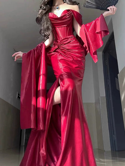 Off The Shoulder Burgundy Prom Dress With Slit Formal Evening Dress P432