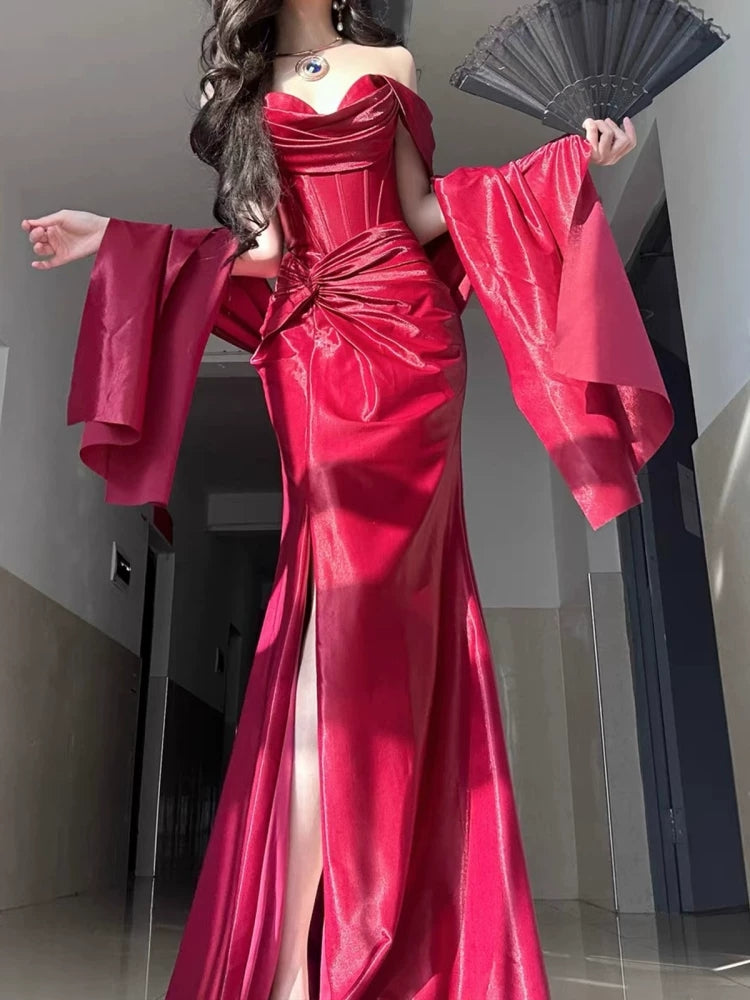 Off The Shoulder Burgundy Prom Dress With Slit Formal Evening Dress P432
