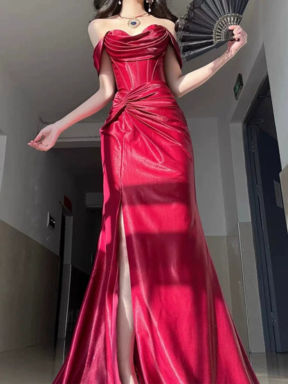 Off The Shoulder Burgundy Prom Dress With Slit Formal Evening Dress P432