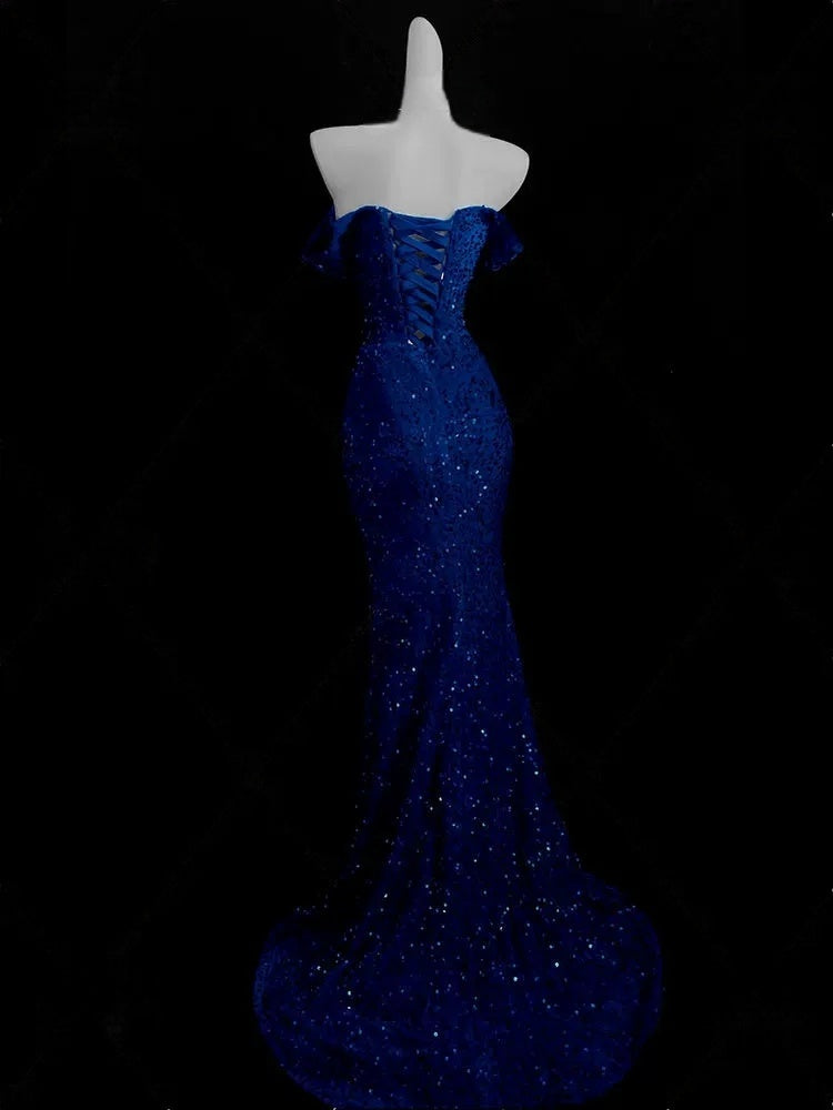 Off The Shoulder Royal Blue Mermaid Prom Dress Sequin Evening Dress P433