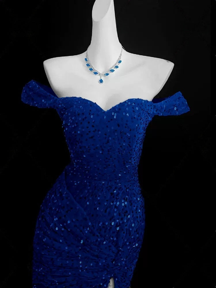 Off The Shoulder Royal Blue Mermaid Prom Dress Sequin Evening Dress P433