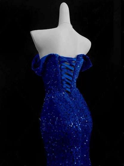 Off The Shoulder Royal Blue Mermaid Prom Dress Sequin Evening Dress P433