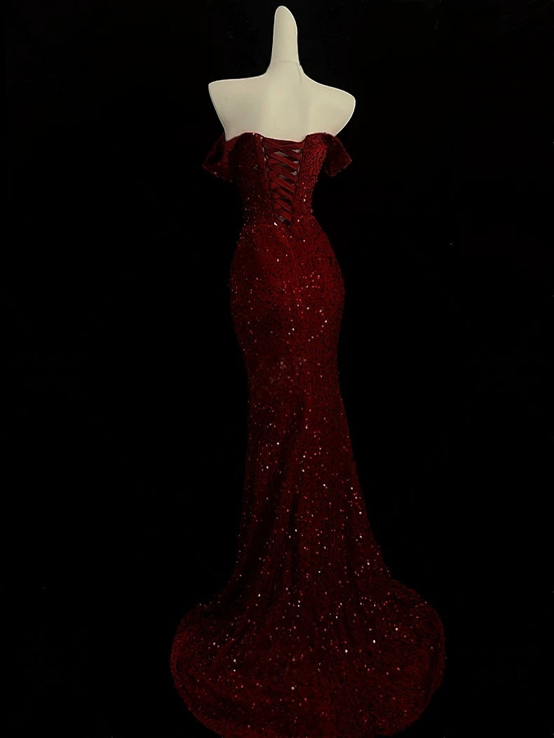 Off The Shoulder Burgundy  Mermaid Prom Dress Sequin Evening Dress  P434