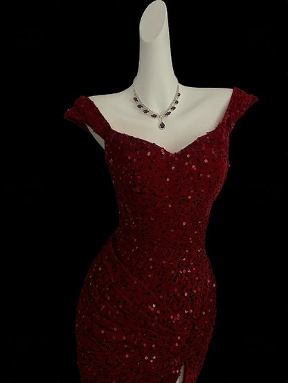 Off The Shoulder Burgundy  Mermaid Prom Dress Sequin Evening Dress  P434