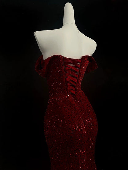 Off The Shoulder Burgundy  Mermaid Prom Dress Sequin Evening Dress  P434
