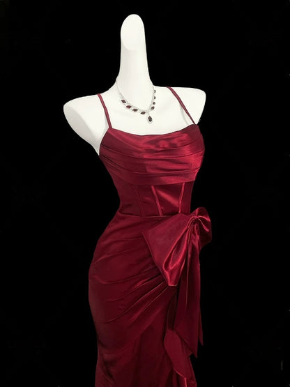 Spaghetti Straps Burgundy Prom Dress Satin Mermaid Evening Dress  P436