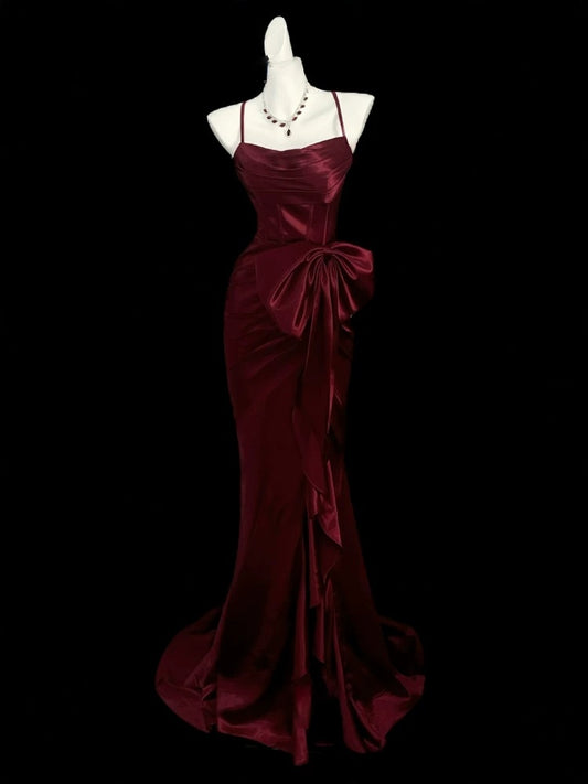 Spaghetti Straps Burgundy Prom Dress Satin Mermaid Evening Dress  P436