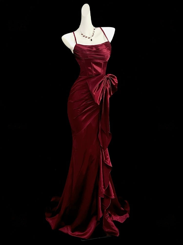 Spaghetti Straps Burgundy Prom Dress Satin Mermaid Evening Dress  P436