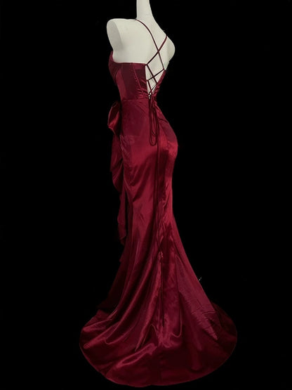 Spaghetti Straps Burgundy Prom Dress Satin Mermaid Evening Dress  P436