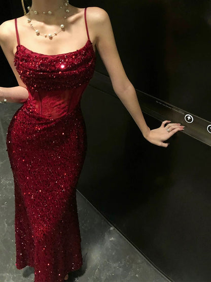 Burgundy Sequin Evening Dress With Slit Sparkle Formal Prom Dress  P437