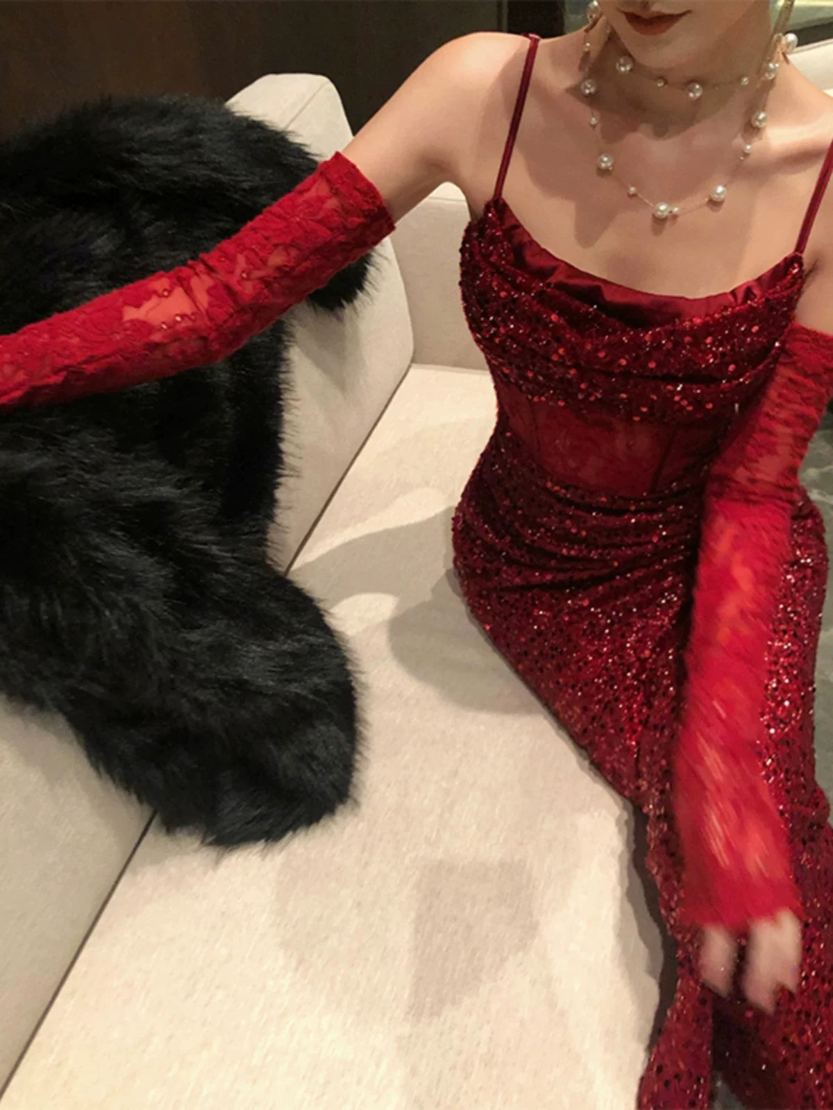 Burgundy Sequin Evening Dress With Slit Sparkle Formal Prom Dress  P437