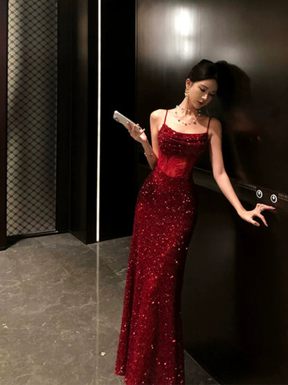 Burgundy Sequin Evening Dress With Slit Sparkle Formal Prom Dress  P437