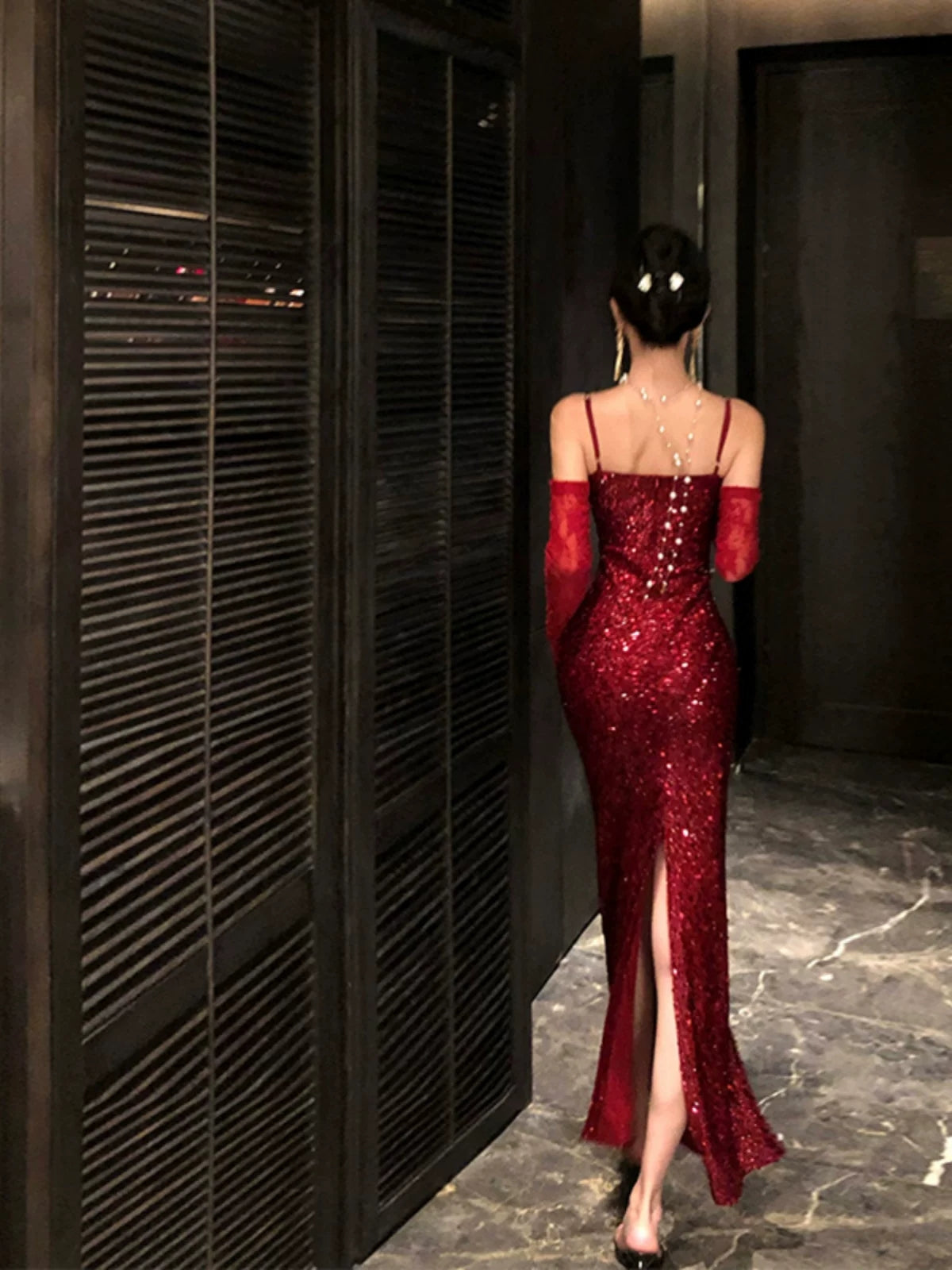 Burgundy Sequin Evening Dress With Slit Sparkle Formal Prom Dress  P437